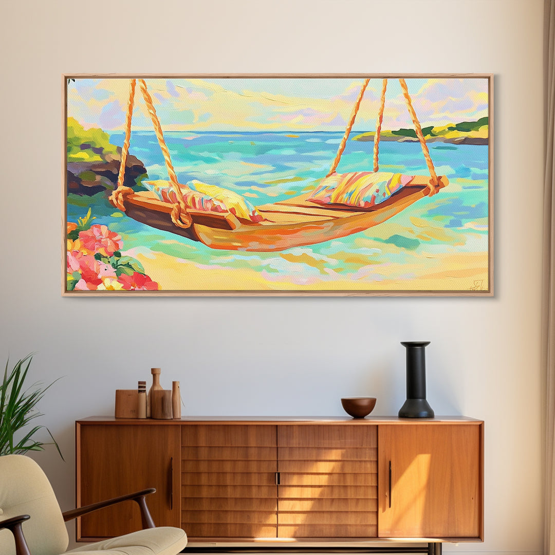 Tropical Beach Hammock Over Turquoise Water Canvas Print, Coastal Wall Art, Beach House Decor, Summer Living Room Decor Gift