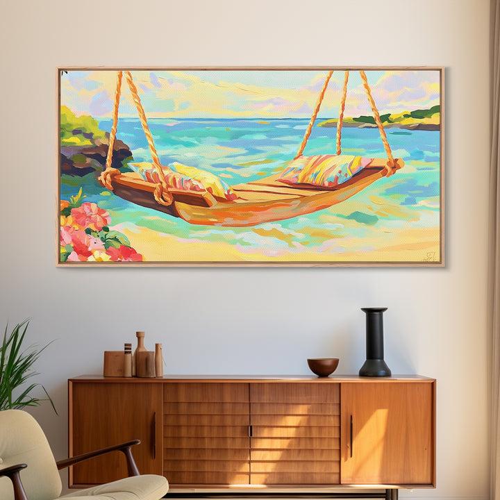 Tropical Beach Hammock Over Turquoise Water Canvas Print, Coastal Wall Art, Beach House Decor, Summer Living Room Decor Gift