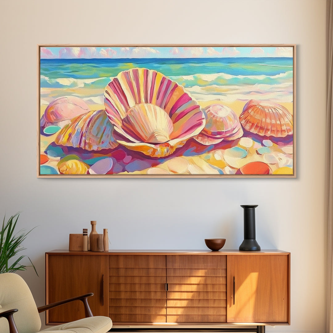 Pink Seashells On Sandy Beach Canvas Print, Coastal Wall Art, Beach House Decor, Ocean Wall Decor, Summer Gift For Her, Bathroom Decor
