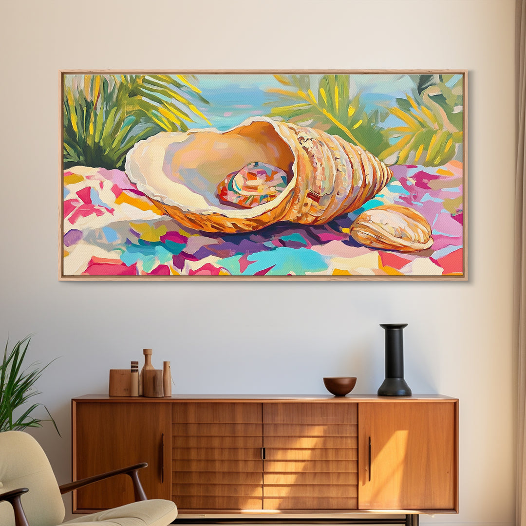 Colorful Seashell On Tropical Table Wall Art, Coastal Beach House Decor, Ocean Shell Canvas Print, Summer Nautical Gift Idea