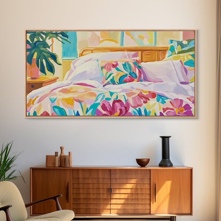 Bright Floral Bedding In Sunlit Bedroom Wall Art, Cozy Master Bedroom Decor, Tropical Canvas Print, Above Bed Gift For Her