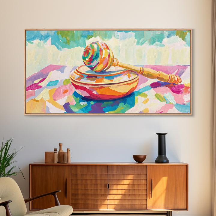 Rainbow Maraca On Painted Bowl Canvas Print, Colorful Music Room Wall Art, Whimsical Nursery Decor And Playroom Art Gift