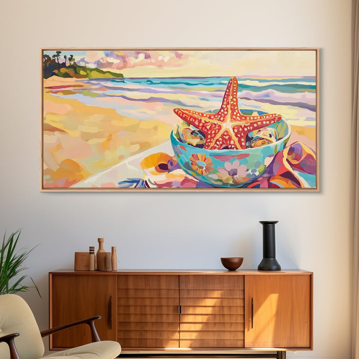Red Starfish In Floral Bowl Beach Wall Art, Coastal Canvas Print, Ocean Decor, Beach House Gift For Her, Summer Seascape