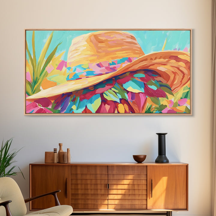 Sunlit Straw Hat With Floral Scarf Canvas Print, Coastal Cowgirl Wall Art, Summer Fashion Decor, Boho Home Decor, Gift For Her