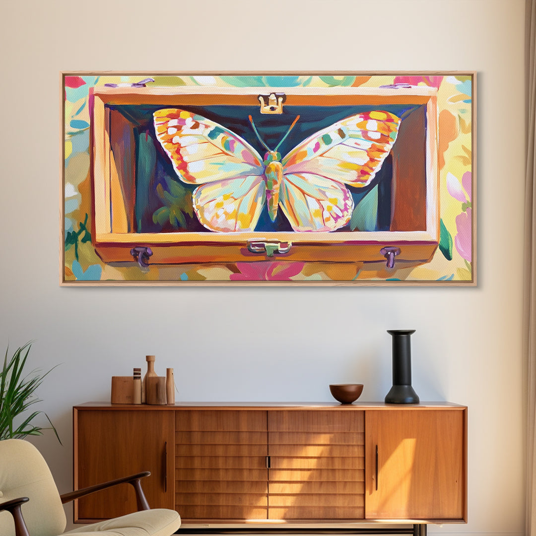White Butterfly In Wooden Case Framed Canvas Print, Whimsical Animal Wall Art, Nature Inspired Art, Colorful Home Decor Gift