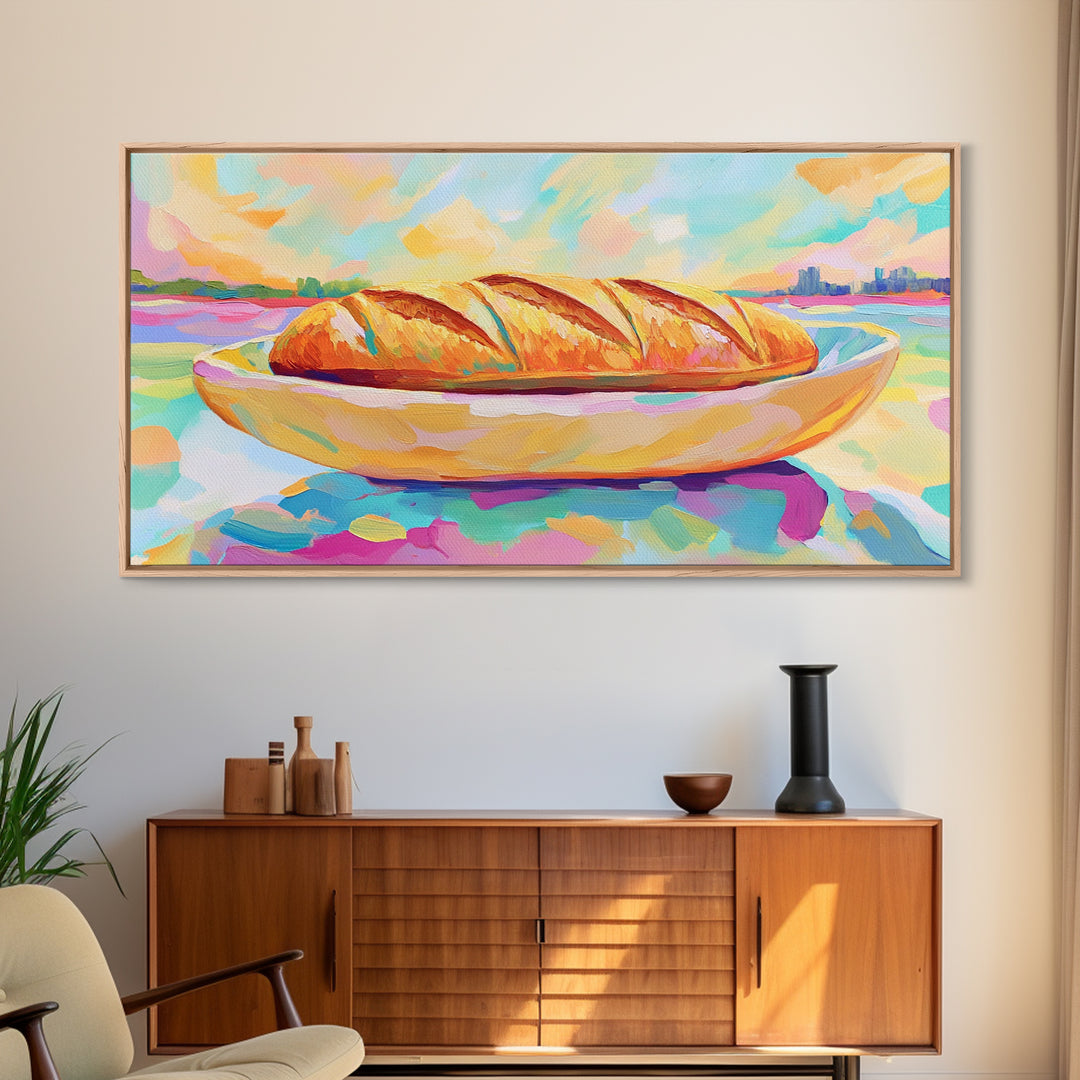 Golden Croissant On Coastal Plate Canvas Print, French Bakery Kitchen Wall Art, Beach House Decor, Cafe Poster, Food Lover Gift