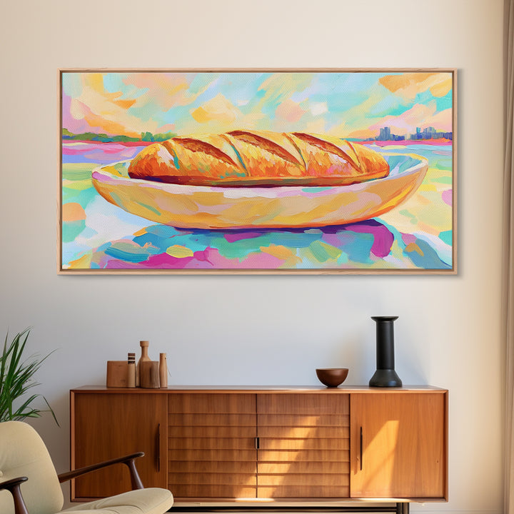 Golden Croissant On Coastal Plate Canvas Print, French Bakery Kitchen Wall Art, Beach House Decor, Cafe Poster, Food Lover Gift