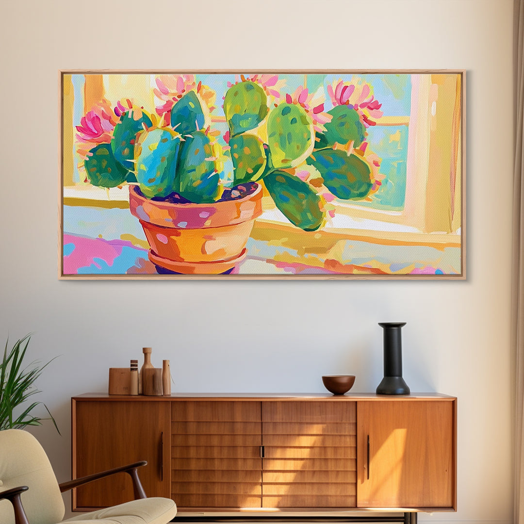 Blooming Prickly Pear Cactus Framed Canvas Print, Colorful Botanical Wall Art, Sunny Window Plant Lover Gift, Boho Home Decor