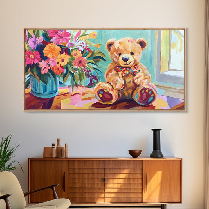 Sweet Teddy Bear With Flower Bouquet Wall Art, Colorful Nursery Decor, Kids Room Art Print, Baby Shower Housewarming Gift
