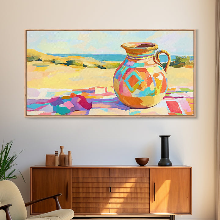 Colorful Ceramic Pitcher By Sunny Coast Framed Canvas Print, Coastal Wall Art, Mediterranean Kitchen Decor, Beach House Gift
