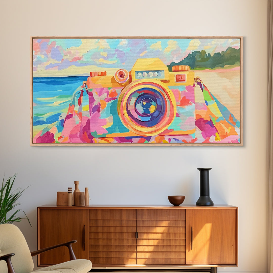 Retro Floral Camera On Sunny Beach Towel Canvas Print, Coastal Wall Art, Photography Decor, Dopamine Decor, Gift For Her