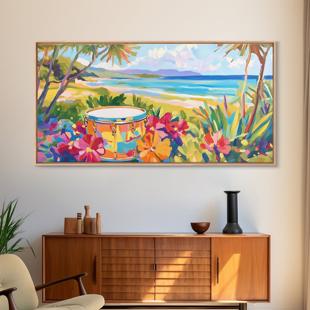 Tropical Beach Drum By Blue Ocean Wall Art, Coastal Wall Art, Beach House Decor, Vibrant Tropical Decor, Living Room Decor, Summer Gift