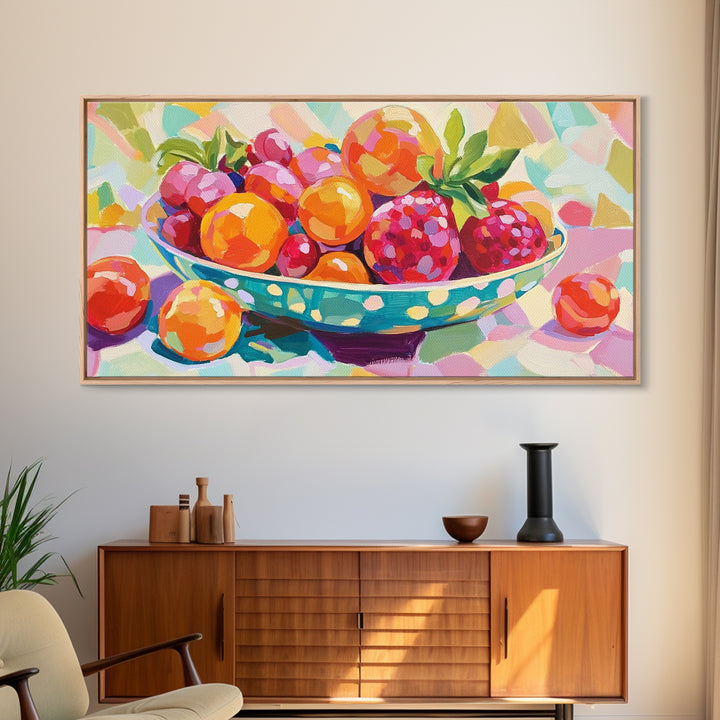 Bright Fruit Bowl With Berries Canvas Print, Colorful Kitchen Wall Art, Fruit Art Painting, Dining Room Prints, Foodie Gift