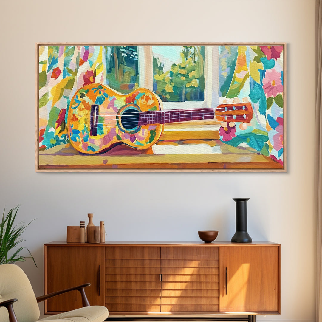 Painted Ukulele By Sunny Window Framed Canvas Print, Music Room Decor, Tropical Wall Art, Boho Home Decor, Gift For Music Lover
