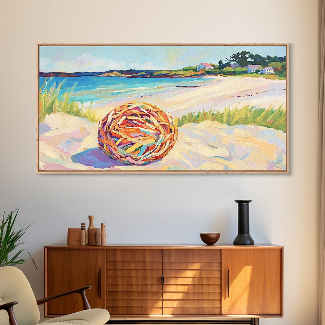 Woven Beach Ball On Sandy Shore Wall Art, Coastal Seascape Canvas, Beach House Decor, Summer Ocean Landscape Print Gift For Her