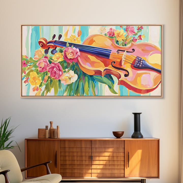 Romantic Violin With Garden Flowers Framed Canvas Print, Music Room Decor, Floral Wall Art, Gift For Music Lover, Elegant Fine Art Print