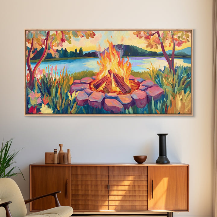 Lakeside Campfire At Sunset Framed Canvas Print, Cozy Cabin Wall Art, Rustic Home Decor, Nature Landscape Gift, Lake House Decor