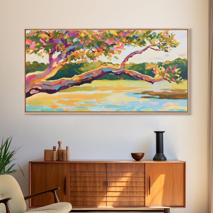 Colorful Lakeside Tree Wall Art, Vibrant Landscape Painting, Nature Canvas Wall Art, Living Room Decor, Housewarming Gift