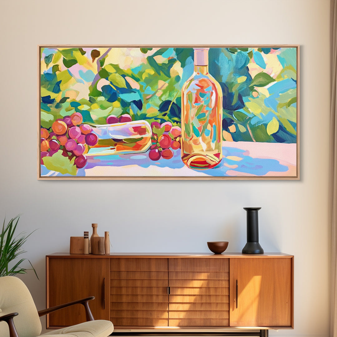 Sunlit Wine Bottle And Grapes Framed Canvas Print, Vineyard Kitchen Wall Art, Winery Decor, Wine Lover Housewarming Gift