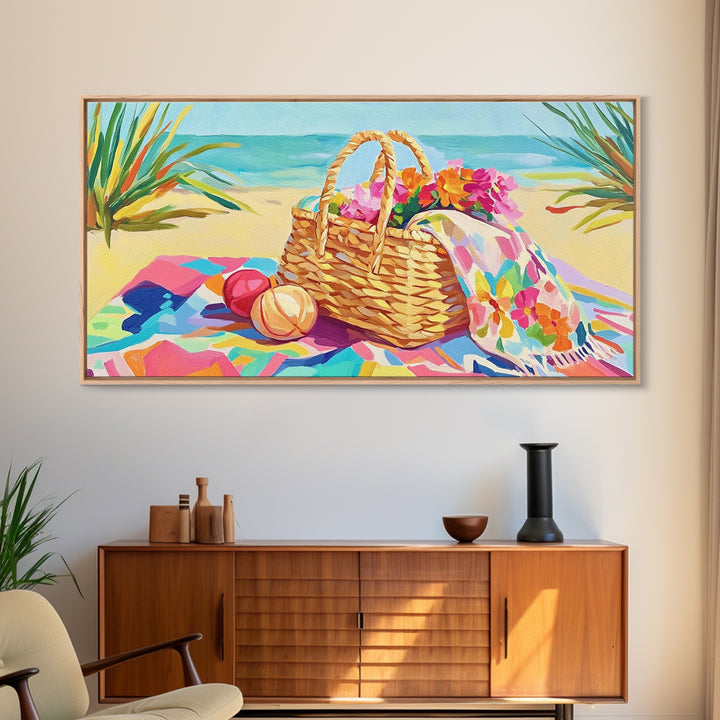 Beach Picnic Basket With Flowers Wall Art, Coastal Canvas Print For Beach House Decor, Summer Living Room Decor, Gift For Her
