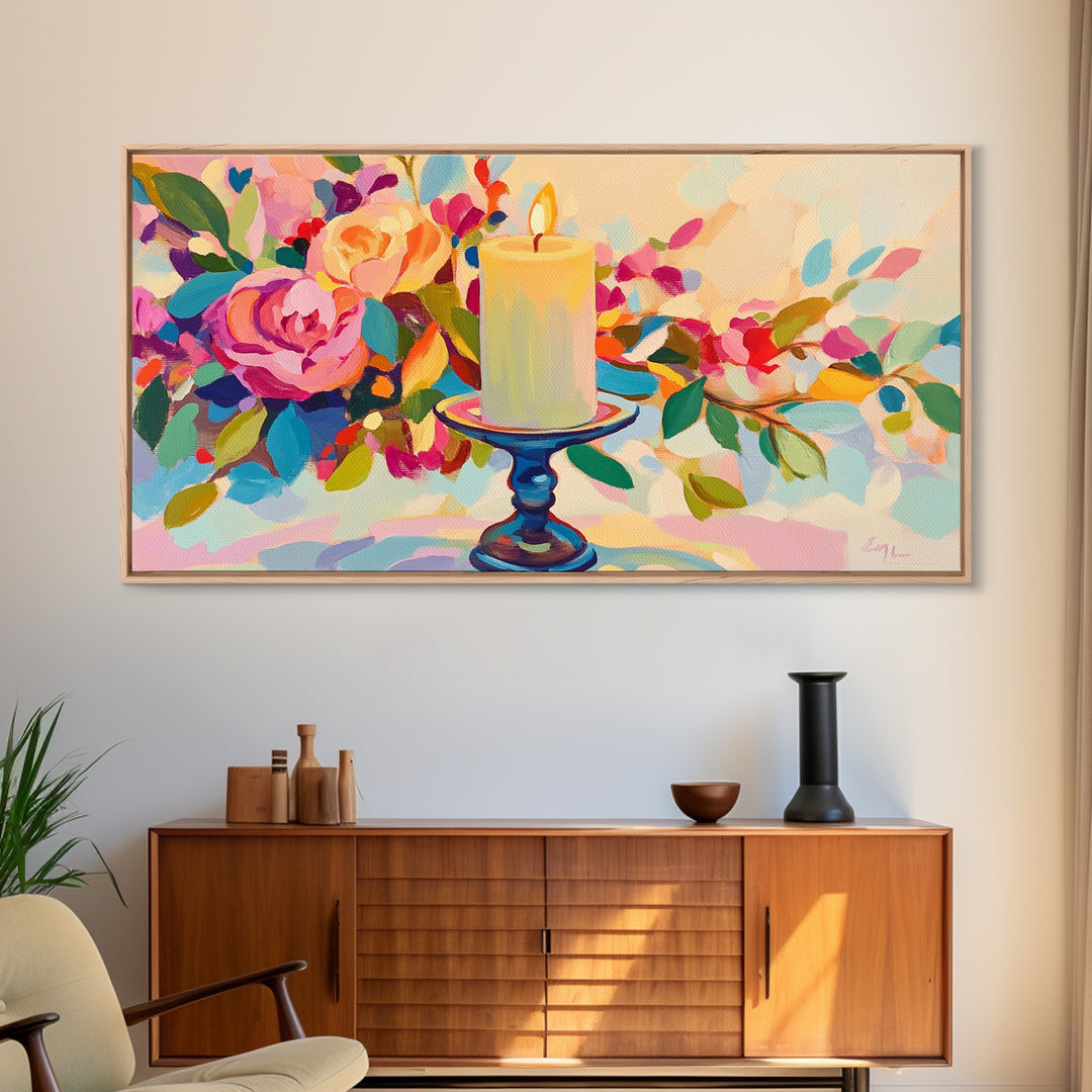 Lit Candle Among Lush Flowers Wall Art, Romantic Floral Framed Canvas Print For Bedroom Decor, Spa Decor, Gift For Her, Home Decor