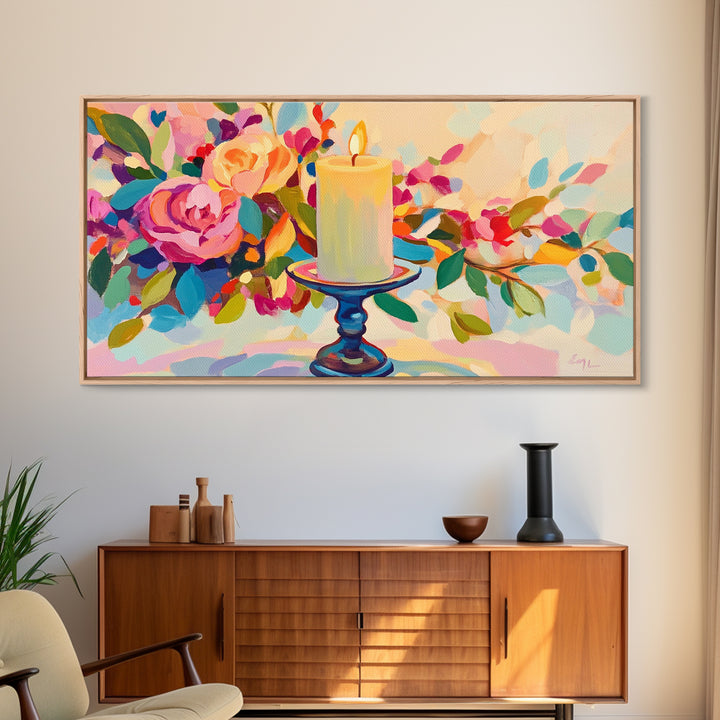 Lit Candle Among Lush Flowers Wall Art, Romantic Floral Framed Canvas Print For Bedroom Decor, Spa Decor, Gift For Her, Home Decor