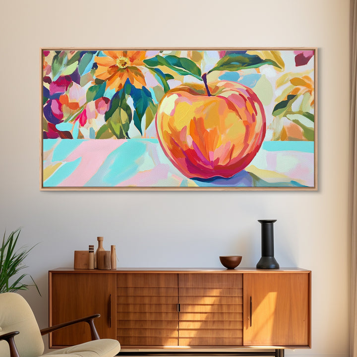 Single Apple With Bold Flowers Canvas Print, Colorful Kitchen Wall Art, Fruit Still Life, Botanical Decor, Housewarming Gift