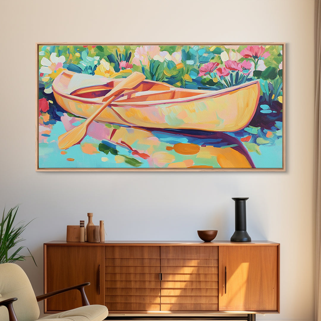 Yellow Canoe With Paddle In Floral Water Canvas Print, Coastal Wall Art, Lake House Decor, Boho Landscape, Housewarming Gift