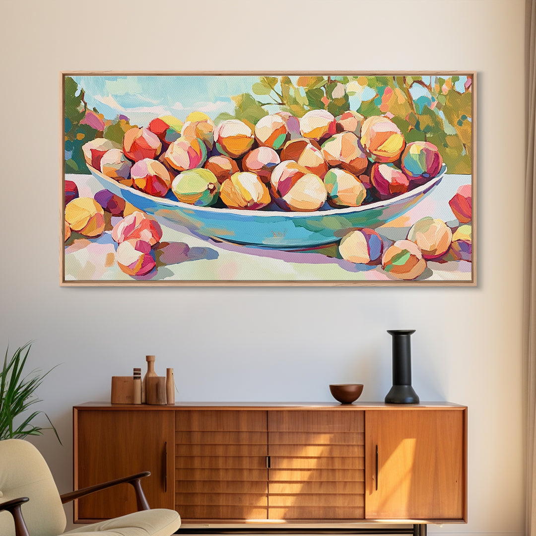 Sunlit Bowl Of Nuts Still Life Canvas Print, Colorful Kitchen Wall Art, Food Painting, Dining Room Decor, Housewarming Gift