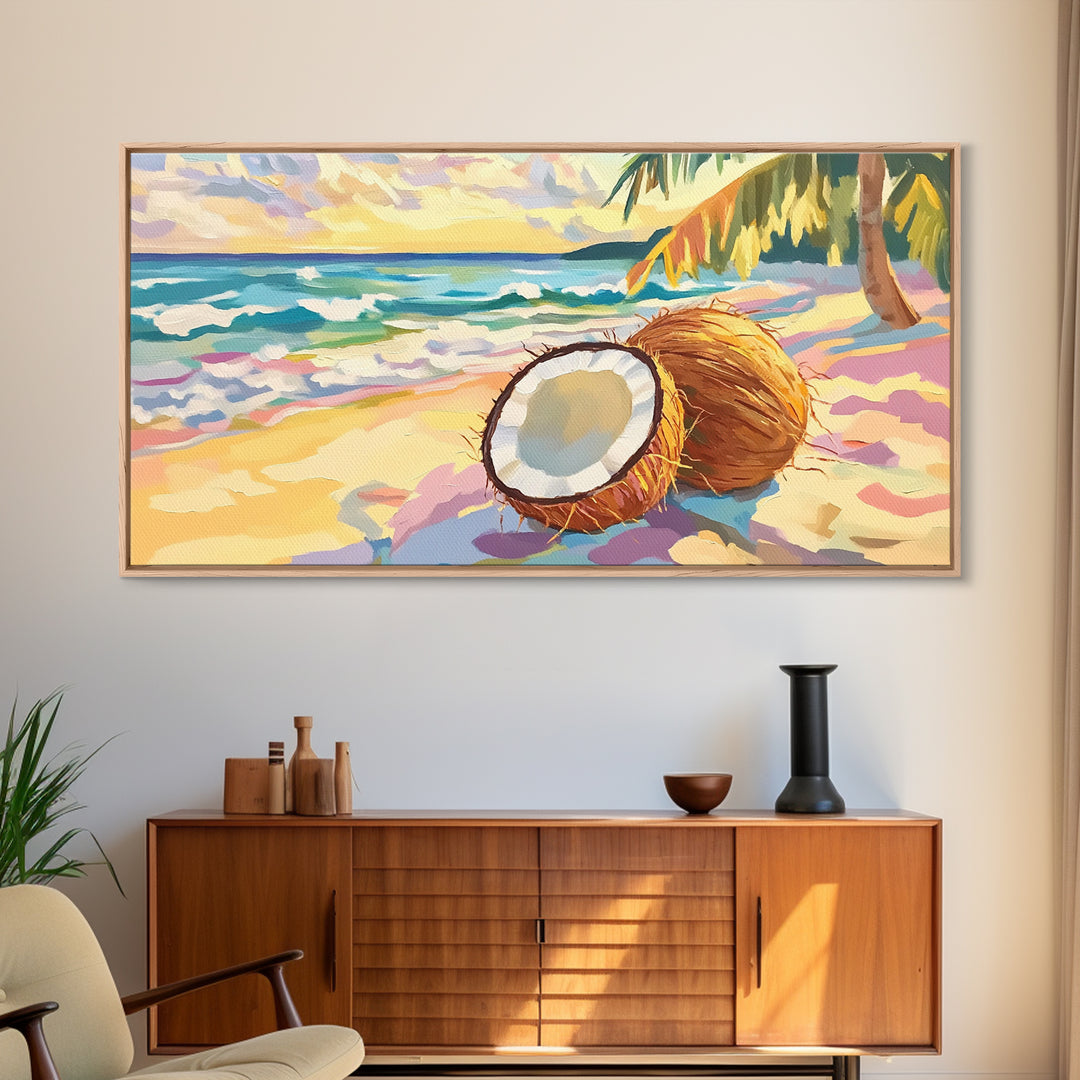 Tropical Coconut Beach Scene Canvas Print, Coastal Wall Art, Ocean Decor, Beach House Decor, Summer Kitchen Art, Gift For Her