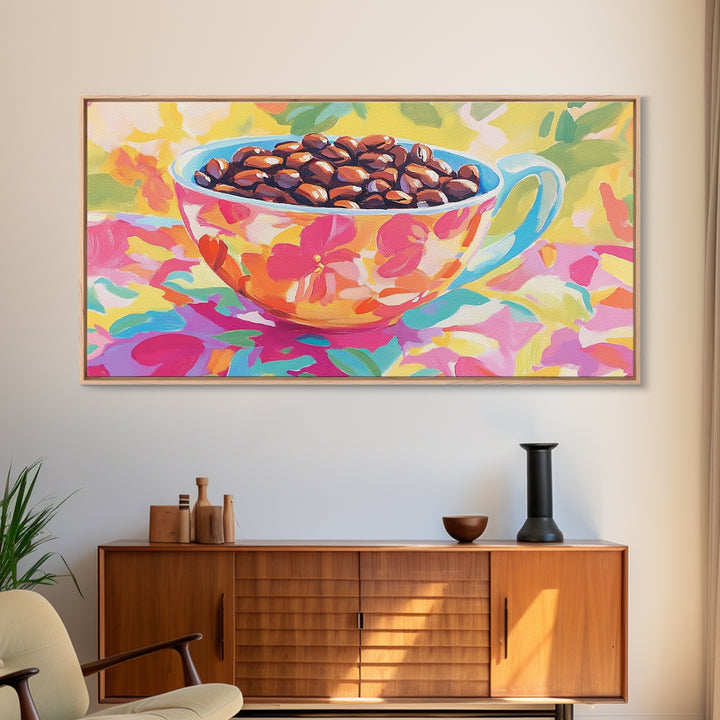 Floral Teacup With Coffee Beans Canvas Print, Coffee Bar Wall Art, Kitchen Decor, Cafe Art, Coffee Lover Gift, Home Decor
