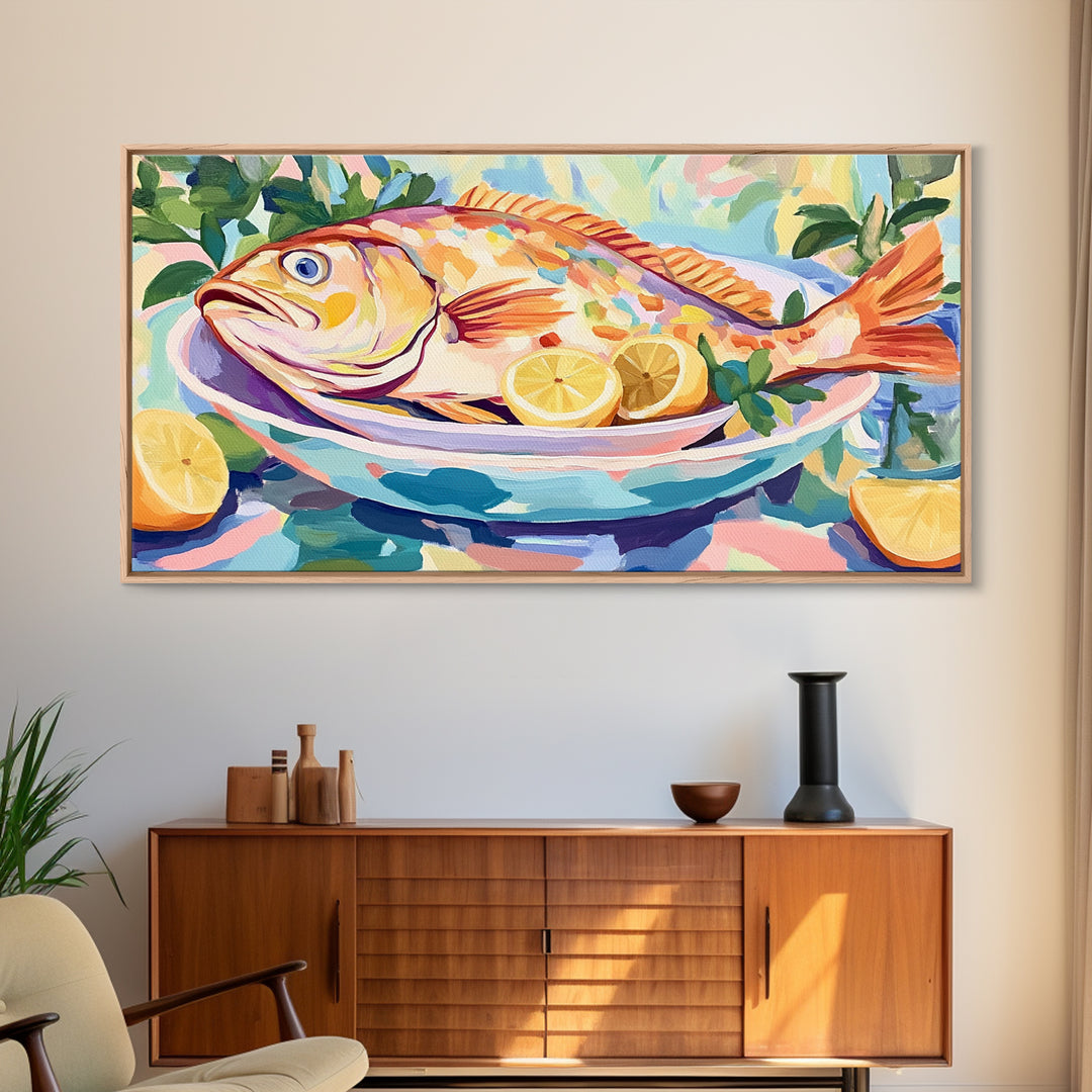 Whole Fish With Lemons On Platter Canvas Print, Coastal Kitchen Wall Art, Seafood Wall Decor, Nautical Home Decor Gift Idea