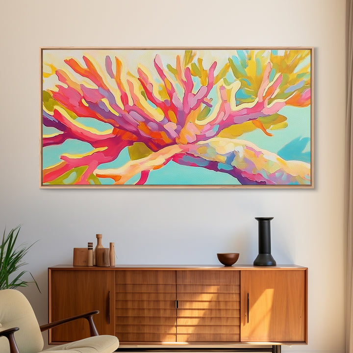 Bright Pink Coral Reef Branch Wall Art, Tropical Ocean Canvas Print, Coastal Decor, Marine Life Art, Vibrant Beach House Decor