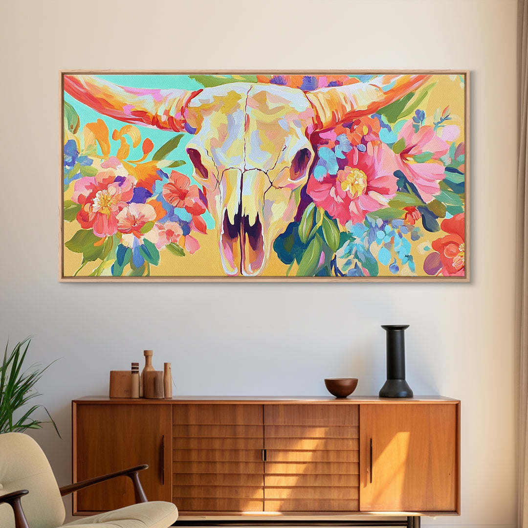 Floral Longhorn Skull With Pink Blooms Wall Art, Western Canvas Print, Cowgirl Decor, Boho Southwestern Housewarming Gift