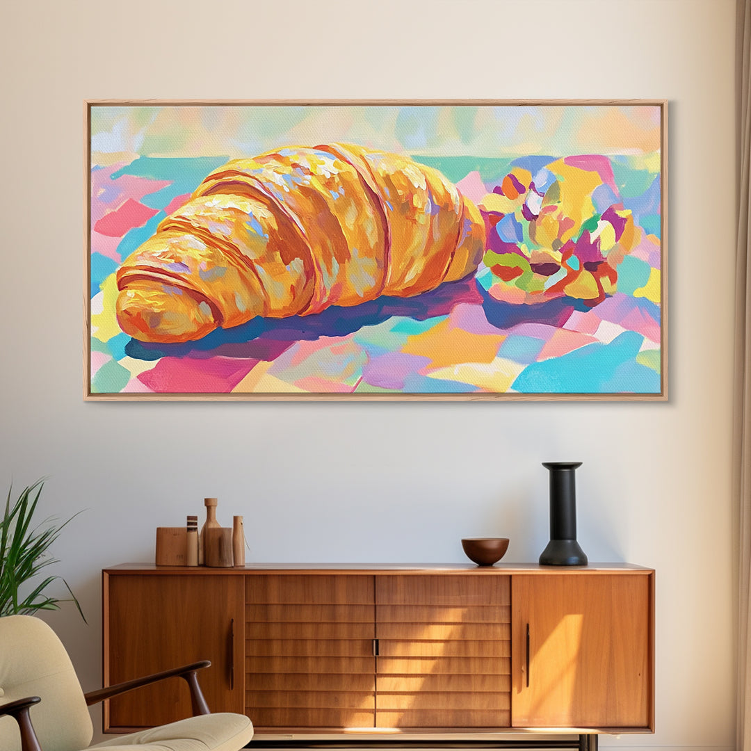 Golden Croissant And Macaron Wall Art, French Bakery Canvas Print, Cafe Kitchen Decor, Food Art Print, Sweet Gift For Baker