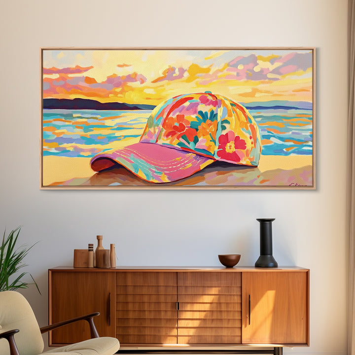 Floral Baseball Cap Wall Art, Beach Sunset Canvas Print, Coastal Cowgirl Decor, Ocean Wall Art, Summer Gift For Her, Beach House Decor
