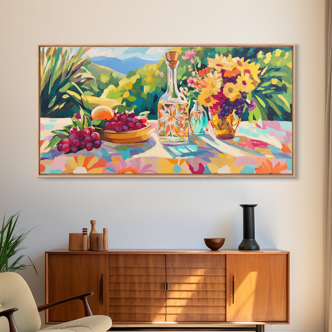 Sunlit Grapes And Wine Framed Canvas Print, Vineyard Kitchen Wall Art, French Country Decor, Dining Room Art, Hostess Gift