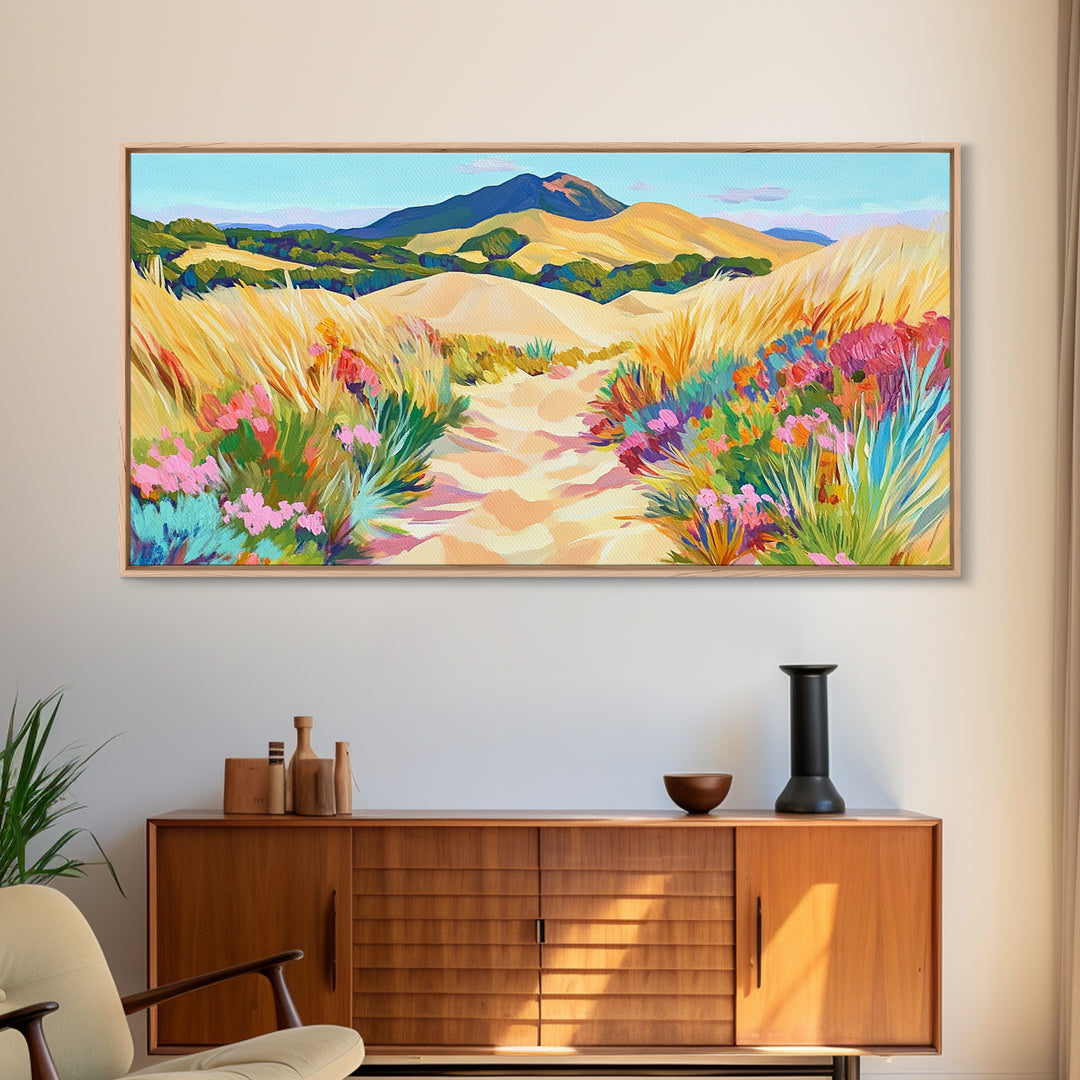 Golden Dune Path Canvas Print, Wildflower Landscape Wall Art, Coastal Desert Decor, Mountain Wall Art, Large Horizontal Art