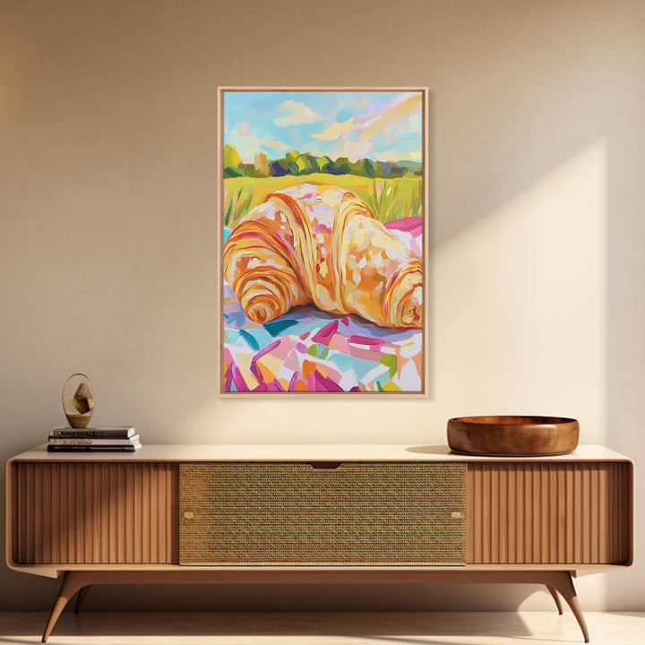 Golden Croissant Picnic In Sunny Field Wall Art, French Bakery Canvas Print For Kitchen Decor, Cafe Art Print, Foodie Gift