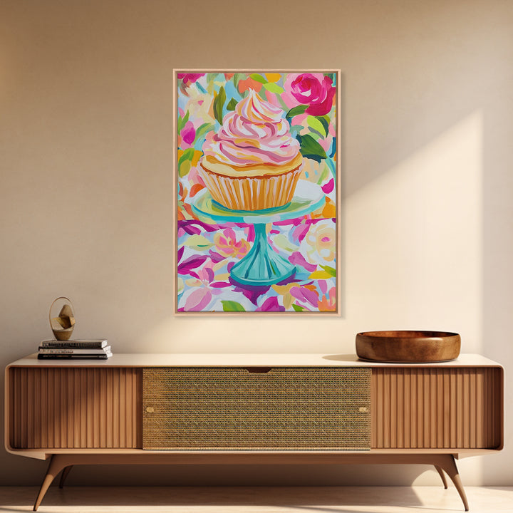 Pink Cupcake On Turquoise Cake Stand Wall Art, Cute Bakery Canvas Print For Kitchen Decor, Girls Room Art, Gift For Baker