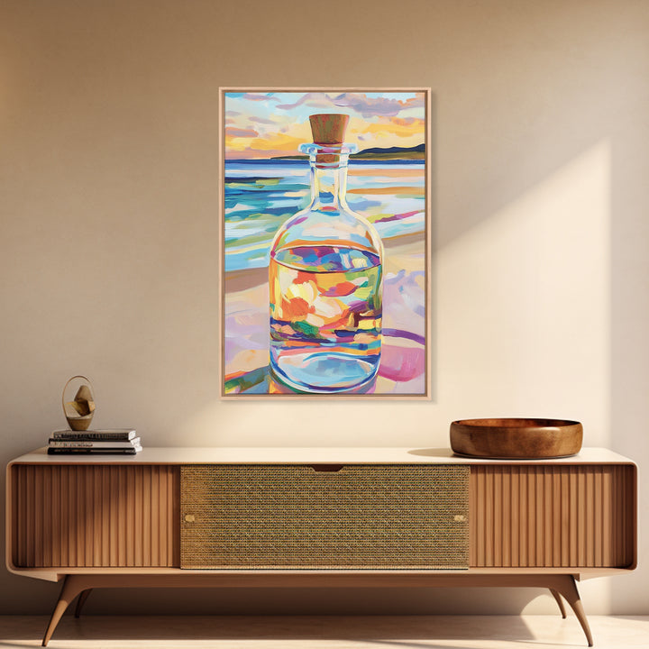 Glass Bottle At Sunset Beach Wall Art, Coastal Canvas Print For Ocean Decor, Seascape Art, Beach House Decor Gift For Her