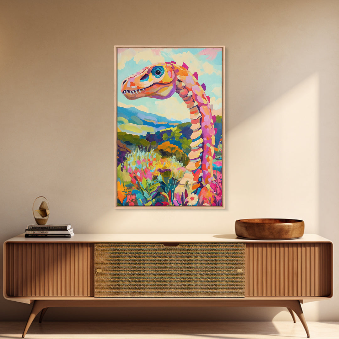 Whimsical Dinosaur In Colorful Hills Framed Canvas Print, Kids Room Wall Art, Nursery Decor, Fantasy Landscape Art Gift Idea
