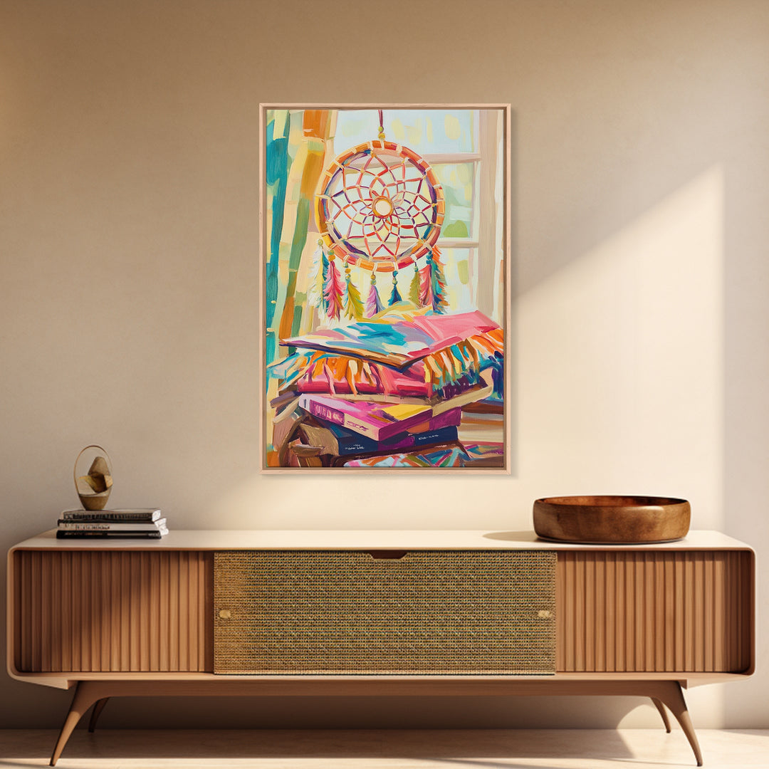 Boho Dreamcatcher And Stacked Books By Window Canvas Print, Whimsical Wall Art, Reading Nook Decor, Colorful Bedroom Art