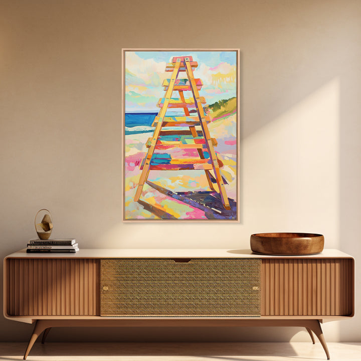 Pastel Beach Ladder Leading To Blue Ocean Wall Art, Coastal Wall Decor, Summer Beach House Decor, Large Canvas Print, Housewarming Gift