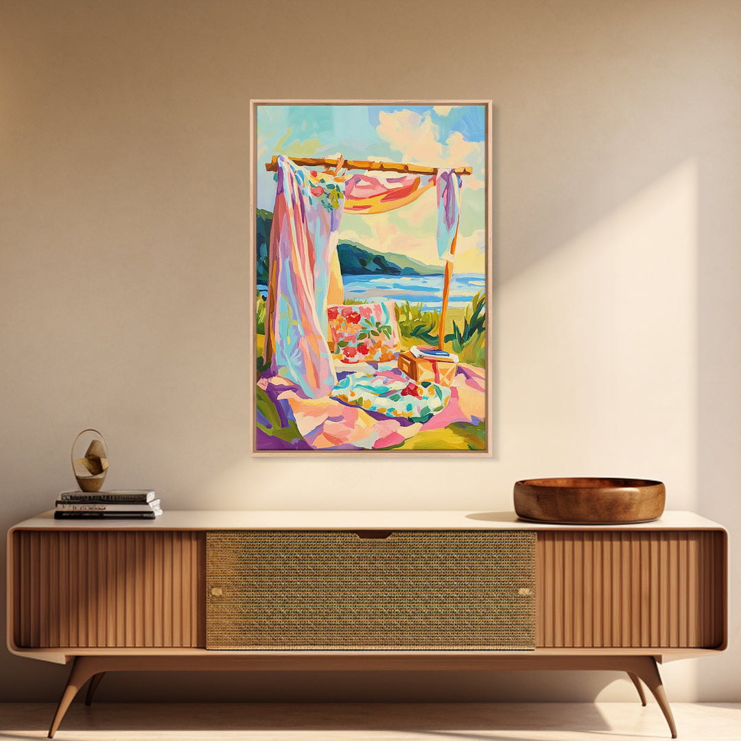 Sunny Beach Cabana Picnic Canvas Print, Coastal Wall Art, Tropical Beach House Decor, Summer Ocean Landscape, Gift For Her