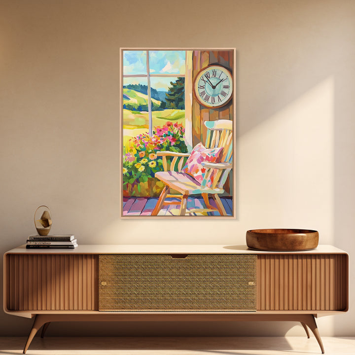 Sunlit Porch Rocking Chair Canvas Print, Country Wall Art, Farmhouse Decor, Floral Landscape Art, Cozy Living Room Decor Gift