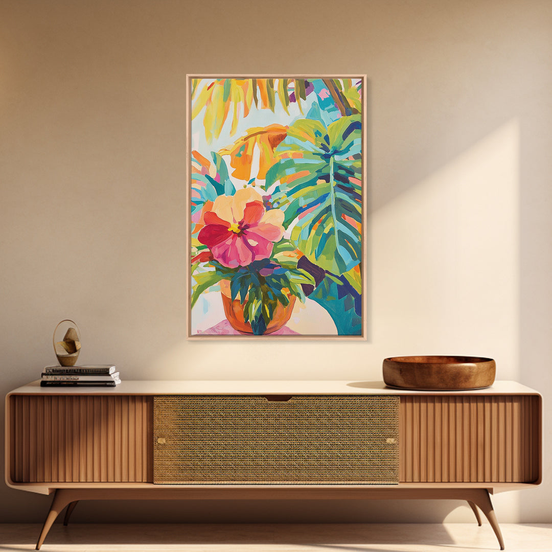 Pink Hibiscus And Monstera Tropical Wall Art, Colorful Botanical Canvas Print, Coastal Boho Living Room Decor, Housewarming Gift