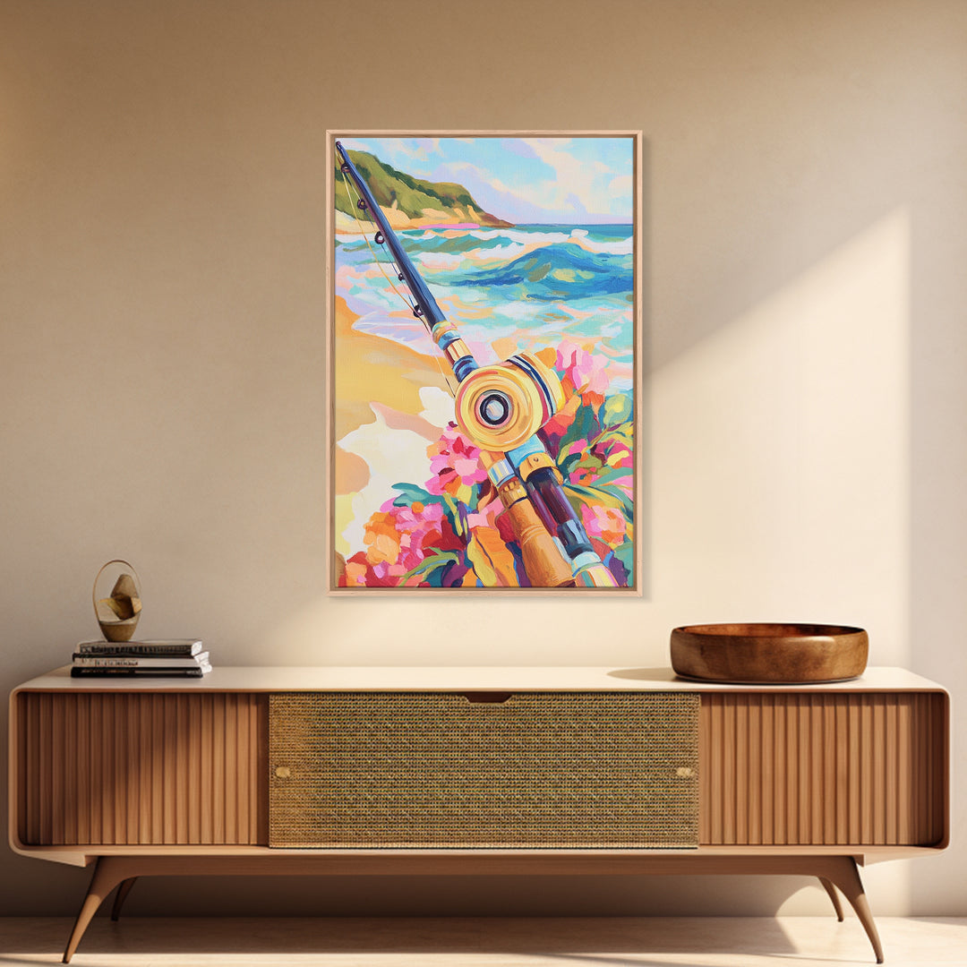 Beach Fishing Rod And Tropical Flowers Canvas Print, Coastal Wall Art, Ocean Wall Decor, Gift For Him, Beach House Decor