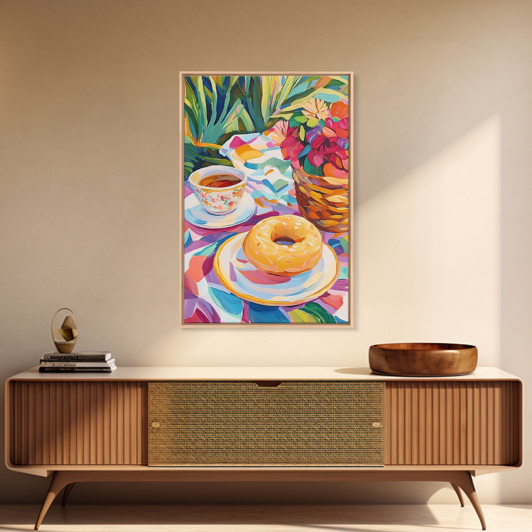 Tea Cup And Glazed Donut Garden Picnic Canvas Print, Kitchen Wall Art, Coffee Bar Decor, Whimsical Food Art, Gift For Her