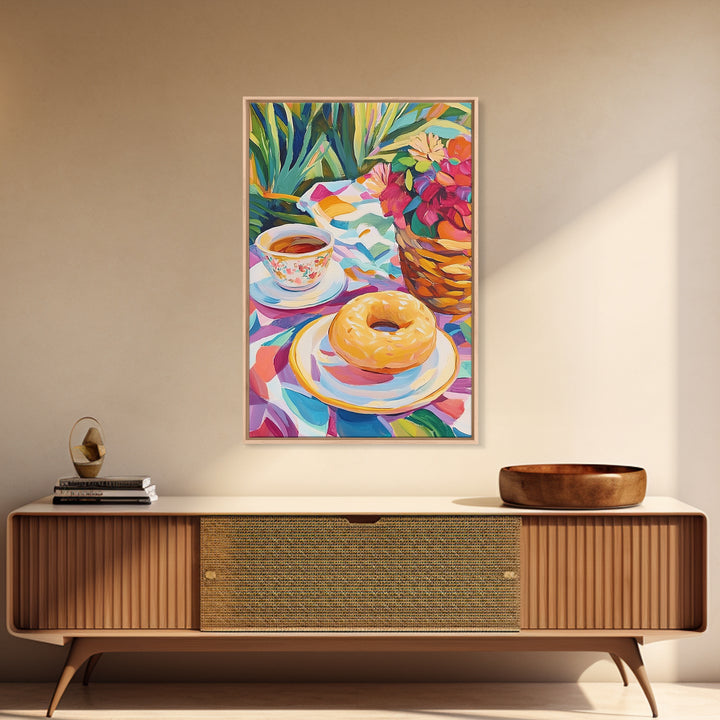 Tea Cup And Glazed Donut Garden Picnic Canvas Print, Kitchen Wall Art, Coffee Bar Decor, Whimsical Food Art, Gift For Her